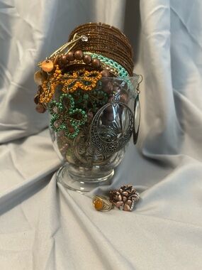 Mixed Bead and Metal Women's Bracelet Stack in Brown, Green & Gold